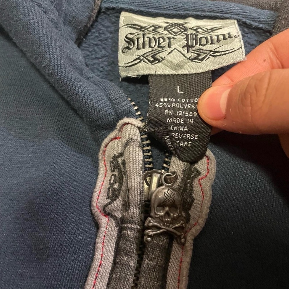 Silver Point Y2K Graphic Zip-Up Hoodie with Winged Guitar and Skull Zipper Pull - Picture 3 of 3